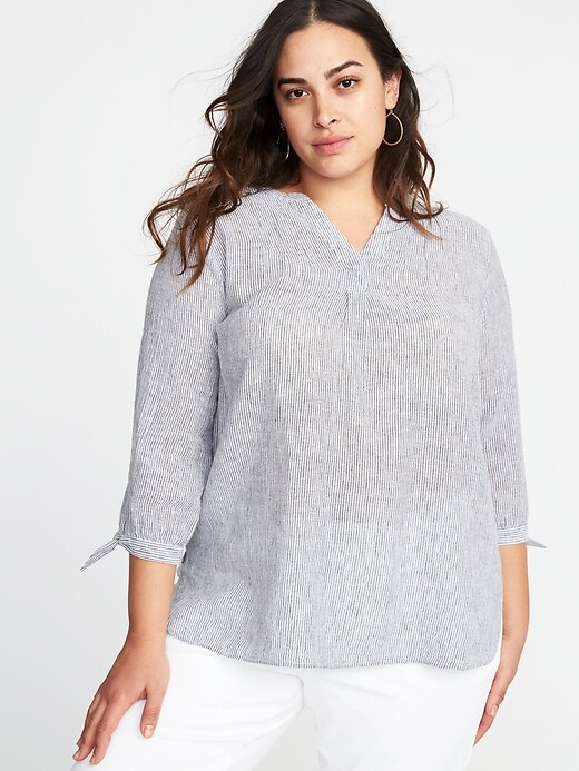 Image number 1 showing, Relaxed Plus-Size Striped Tie-Cuff Top