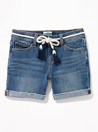 View large product image 3 of 3. Rope-Belt Raw-Edge Denim Shorts for Girls