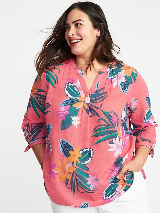 Image number 1 showing, Relaxed Plus-Size Tie-Cuff Floral Top