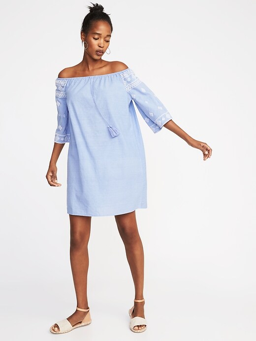 Image number 1 showing, Off-the-Shoulder Embroidered Chambray Shift Dress