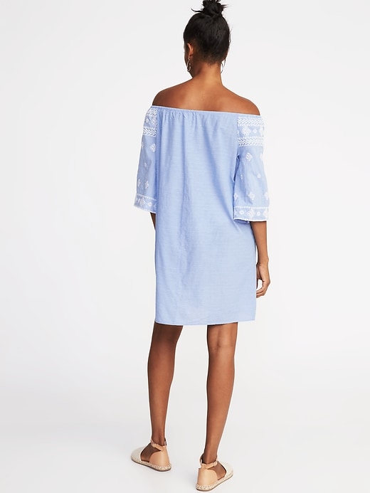 Image number 2 showing, Off-the-Shoulder Embroidered Chambray Shift Dress