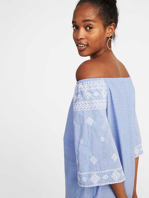 Image number 4 showing, Off-the-Shoulder Embroidered Chambray Shift Dress