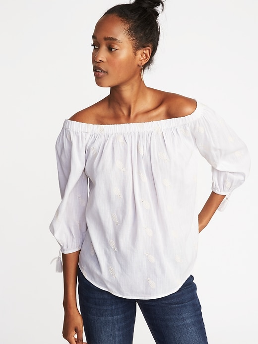 Image number 1 showing, Off-the-Shoulder Embroidered Tassel-Cuff Top for Women
