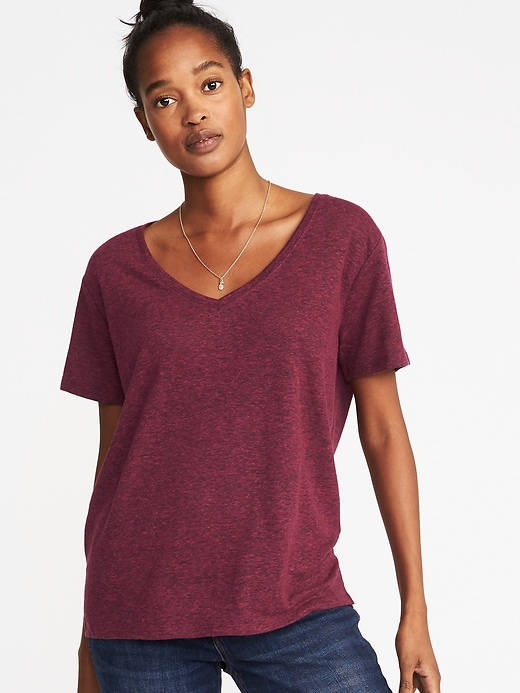 View large product image 1 of 1. Linen-Blend Boyfriend V-Neck Tee for Women