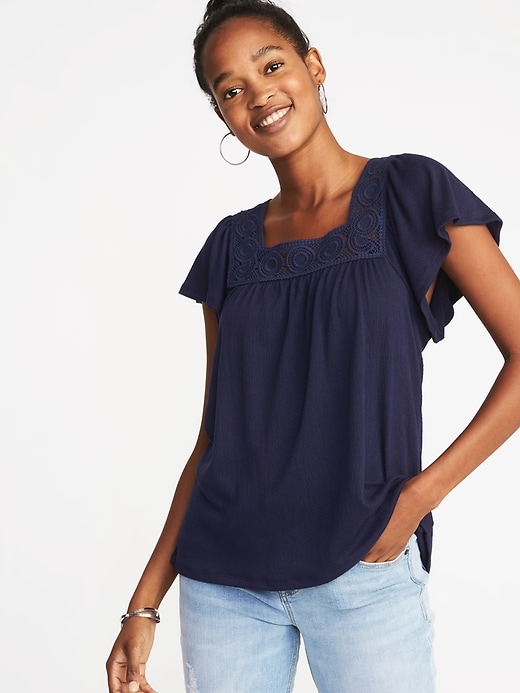 View large product image 1 of 1. Square-Neck Crochet-Trim Top for Women