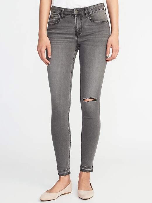 View large product image 1 of 3. Mid-Rise Distressed Raw-Edge Gray Rockstar Jeans for Women