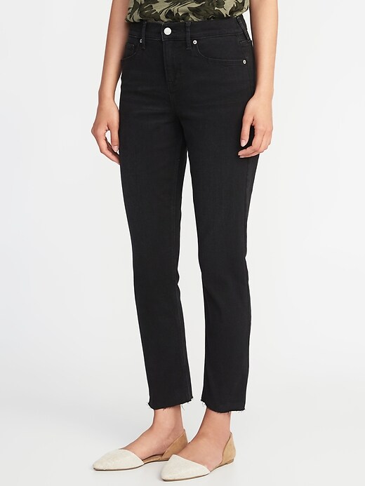 Image number 1 showing, Mid-Rise Black Raw-Hem Straight Ankle Jeans for Women