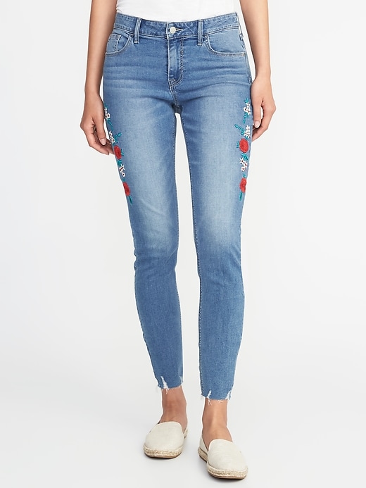 View large product image 1 of 3. Mid-Rise Embroidered Raw-Edge Rockstar Jeans for Women