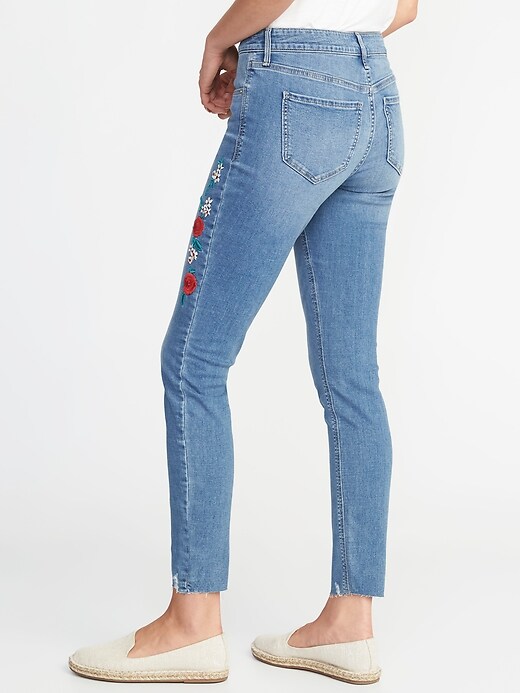 View large product image 2 of 3. Mid-Rise Embroidered Raw-Edge Rockstar Jeans for Women
