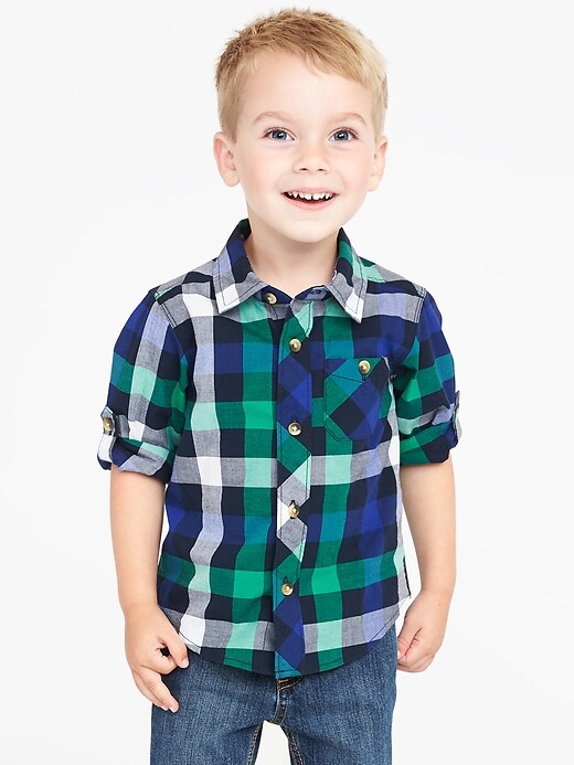 View large product image 1 of 1. Plaid Poplin Roll-Sleeve Shirt for Toddler Boys