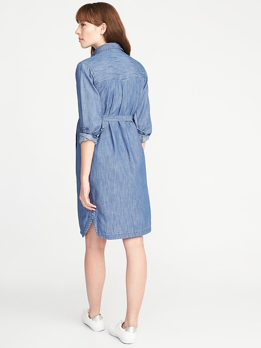Image number 2 showing, Maternity Tie-Belt Chambray Shirt Dress