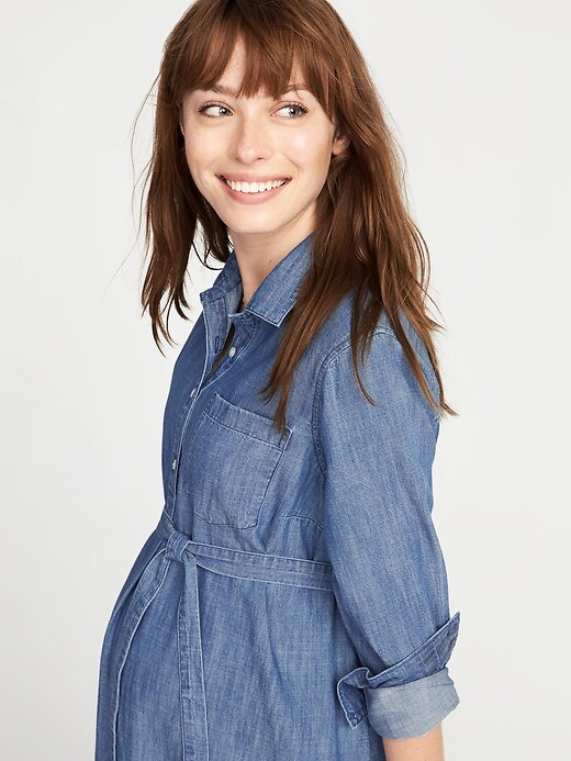 Image number 4 showing, Maternity Tie-Belt Chambray Shirt Dress