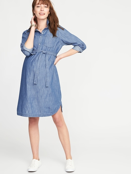 Image number 1 showing, Maternity Tie-Belt Chambray Shirt Dress