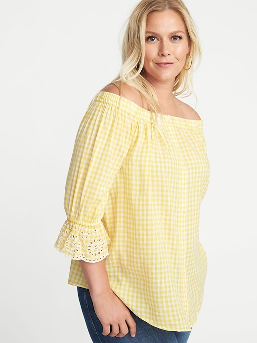 Image number 1 showing, Off-the-Shoulder Plus-Size Button-Front No-Peek Blouse