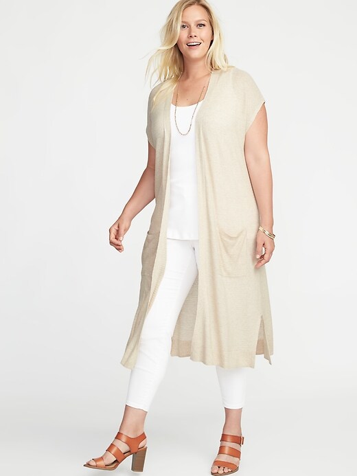 Image number 1 showing, Plus-Size Super-Long Open-Front Pointelle Sweater