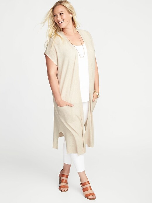 Image number 3 showing, Plus-Size Super-Long Open-Front Pointelle Sweater