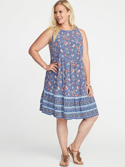 View large product image 1 of 1. Plus-Size Sleeveless Ruffle-Hem Waist-Defined Dress