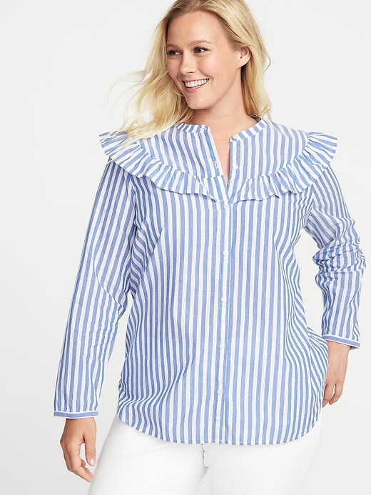 Image number 1 showing, Ruffle-Trim Plus-Size Button-Front Shirt