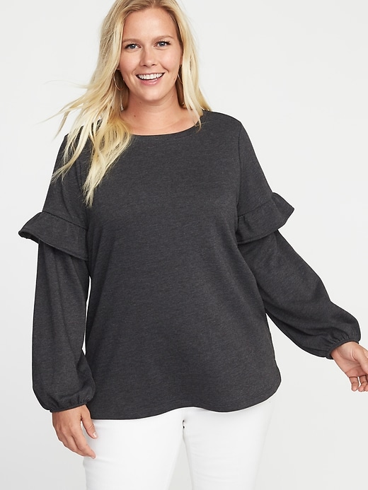 View large product image 1 of 1. French-Terry Plus-Size Ruffle-Sleeve Sweatshirt