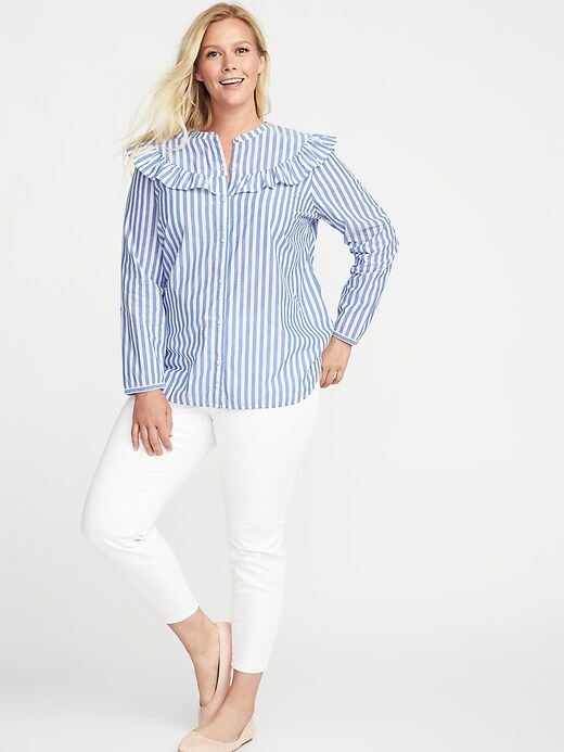 Image number 3 showing, Ruffle-Trim Plus-Size Button-Front Shirt