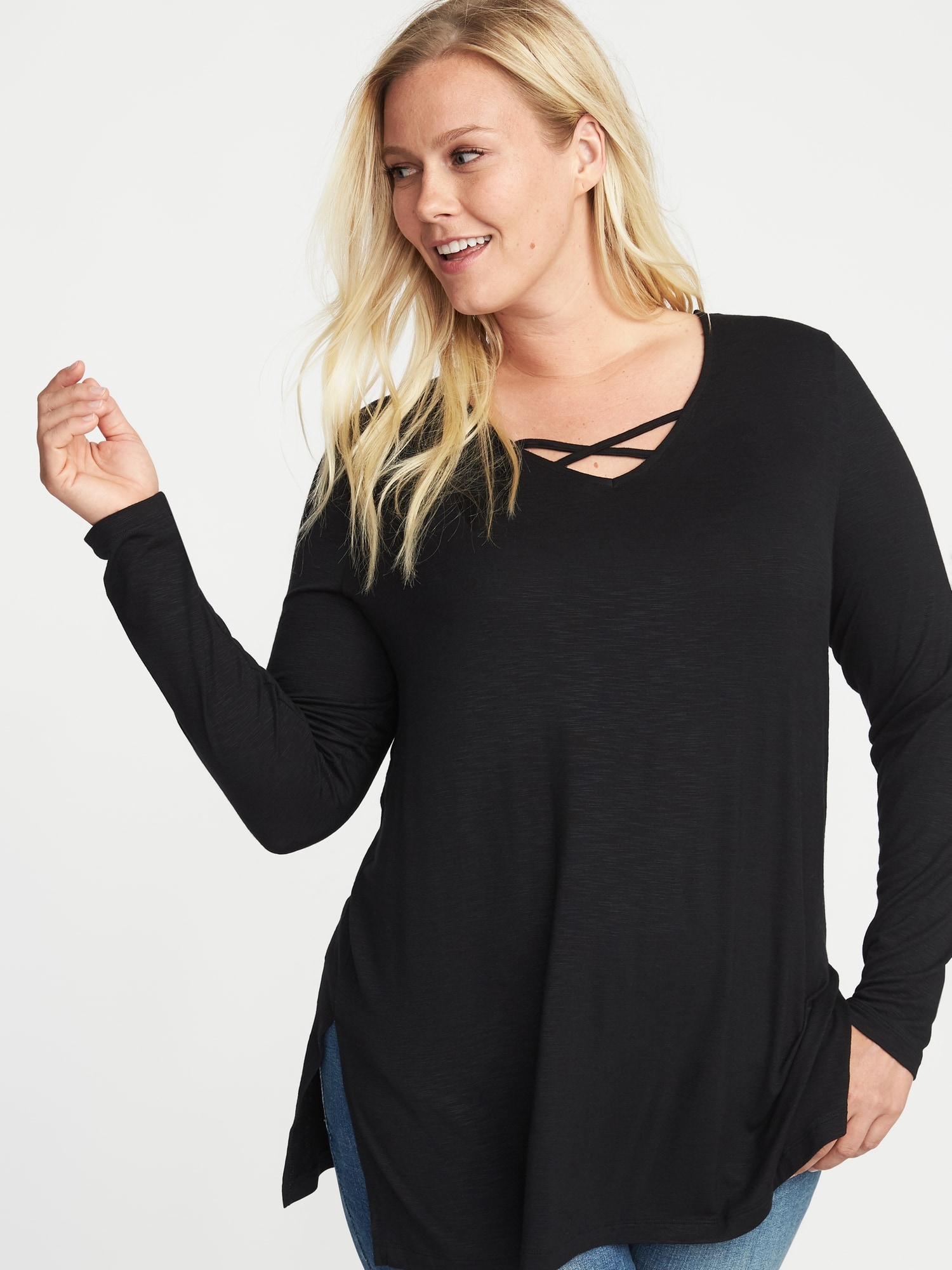 Luxe Plus-Size Slub-Knit Lattice-Neck Tunic | Old Navy