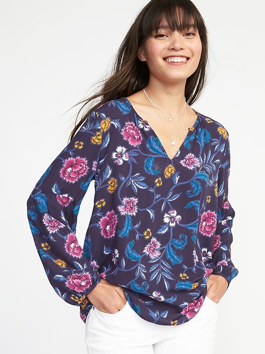 View large product image 1 of 1. Relaxed Split-Neck Floral Blouse for Women