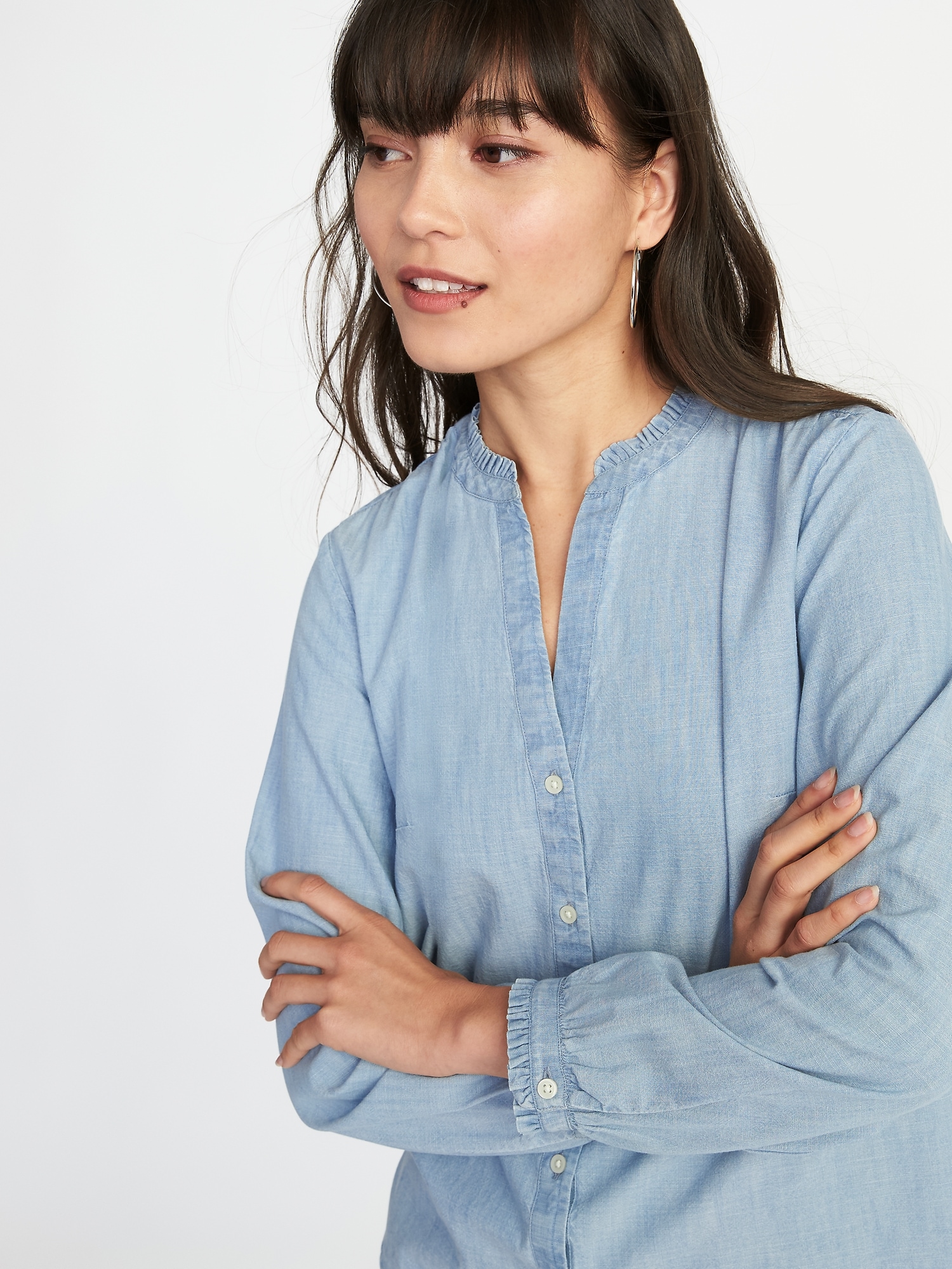 Ruffled BandedCollar Chambray Shirt for Women Old Navy