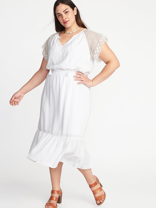 View large product image 1 of 1. Plus-Size Crochet-Sleeve Cinched-Waist Tiered Midi
