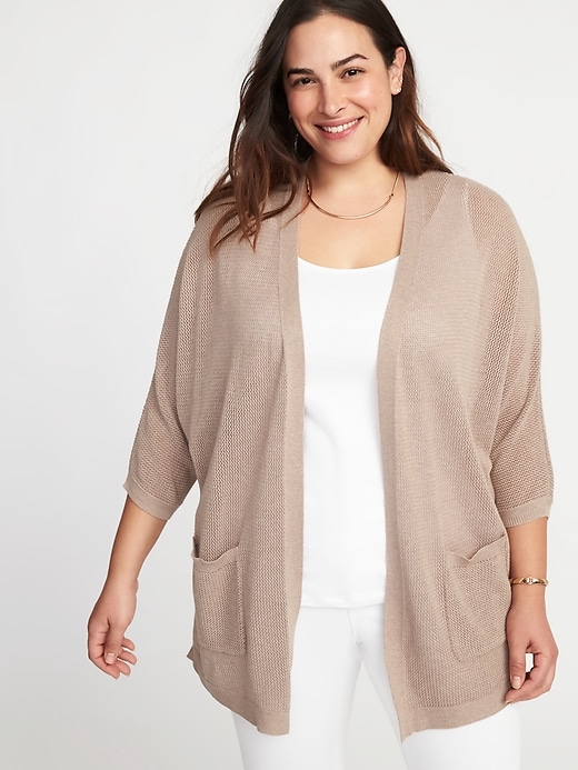 Image number 1 showing, Textured-Knit Dolman-Sleeve Plus-Size Open-Front Sweater