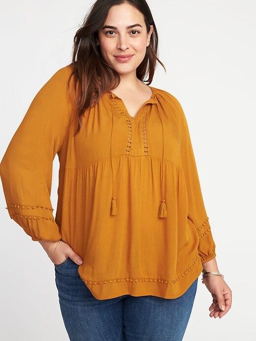 View large product image 1 of 1. Boho Plus-Size Tassel-Tie Swing Top