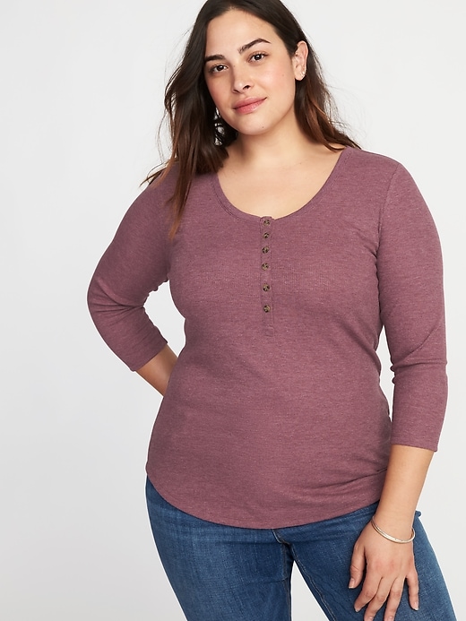 View large product image 1 of 1. Rib-Knit Plus-Size 3/4-Sleeve Henley