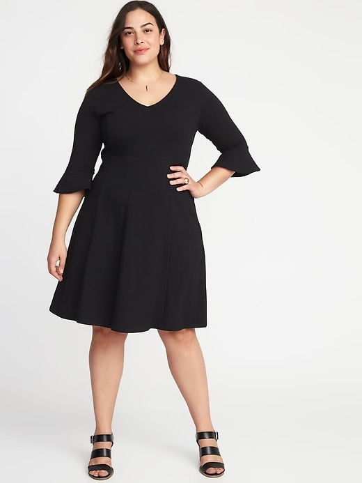 View large product image 1 of 1. V-Neck Flute-Sleeve Fit & Flare Plus-Size Dress