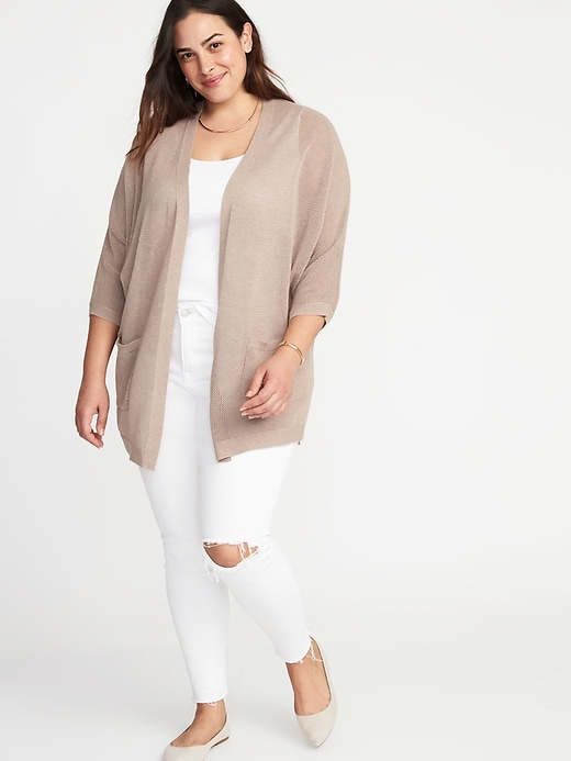 Image number 3 showing, Textured-Knit Dolman-Sleeve Plus-Size Open-Front Sweater