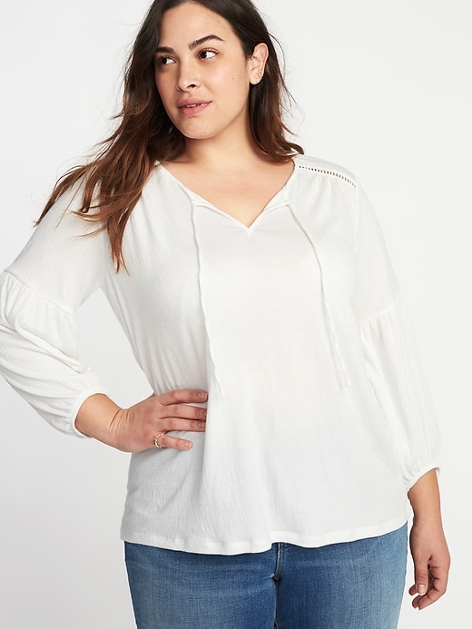 View large product image 1 of 1. Crinkle-Jersey Tie-Neck Plus-Size Blouse