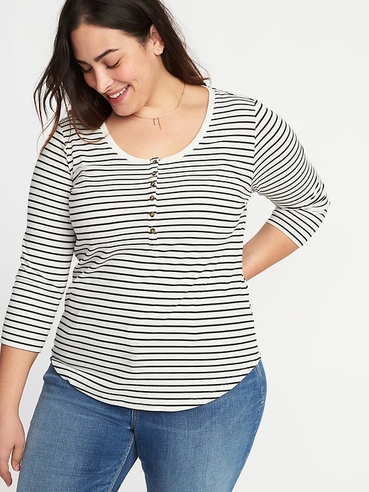 Image number 1 showing, Striped Rib-Knit Plus-Size 3/4-Sleeve Henley