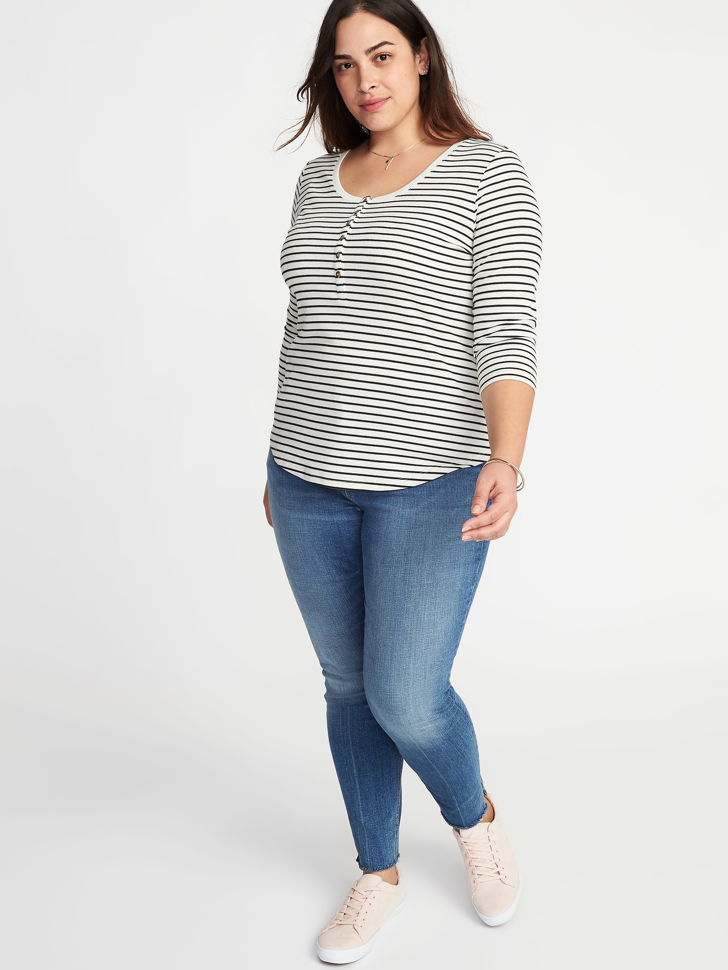 Striped Rib-Knit Plus-Size 3/4-Sleeve Henley | Old Navy