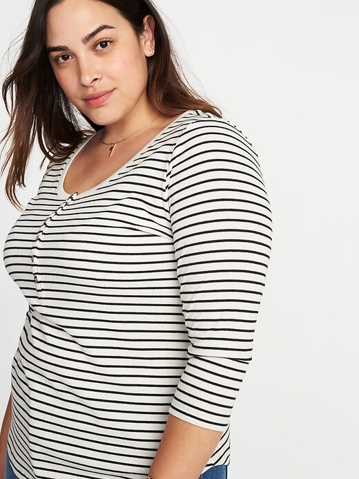 Image number 4 showing, Striped Rib-Knit Plus-Size 3/4-Sleeve Henley