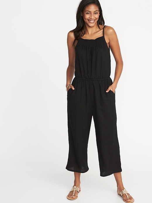 View large product image 1 of 2. Waist-Defined Sleeveless Linen-Blend Jumpsuit for Women