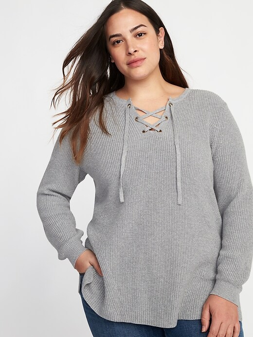 Image number 1 showing, Lace-Up Neck Plus-Size Sweater
