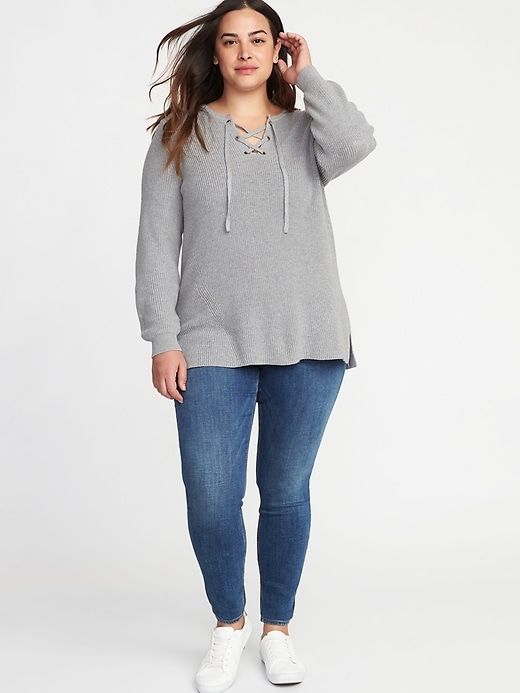 Image number 3 showing, Lace-Up Neck Plus-Size Sweater
