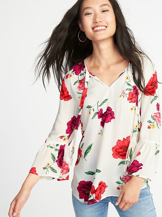 Image number 1 showing, Floral Tie-Neck Bell-Sleeve Blouse for Women