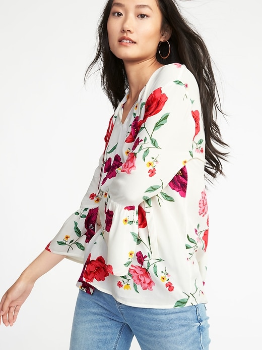 Image number 4 showing, Floral Tie-Neck Bell-Sleeve Blouse for Women