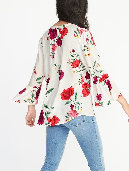 Image number 2 showing, Floral Tie-Neck Bell-Sleeve Blouse for Women