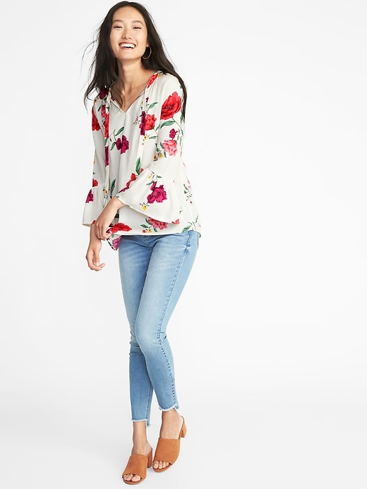 Image number 3 showing, Floral Tie-Neck Bell-Sleeve Blouse for Women