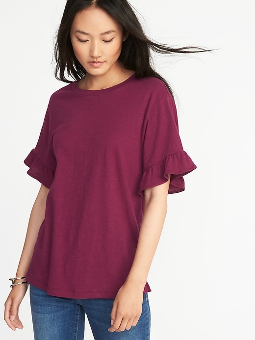 View large product image 1 of 1. Ruffle-Sleeve Slub-Knit Top for Women