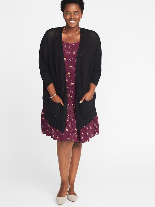 View large product image 1 of 1. Textured-Knit Dolman-Sleeve Plus-Size Open-Front Sweater