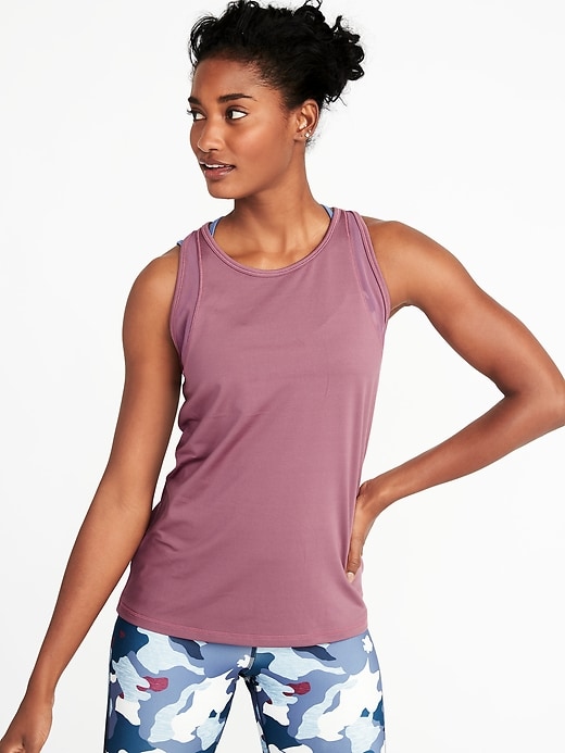 View large product image 1 of 1. High-Neck Mesh-Trim Racerback Performance Tank for Women