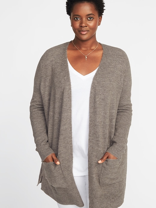 View large product image 1 of 1. Plush-Knit Long-Line Open-Front Plus-Size Sweater