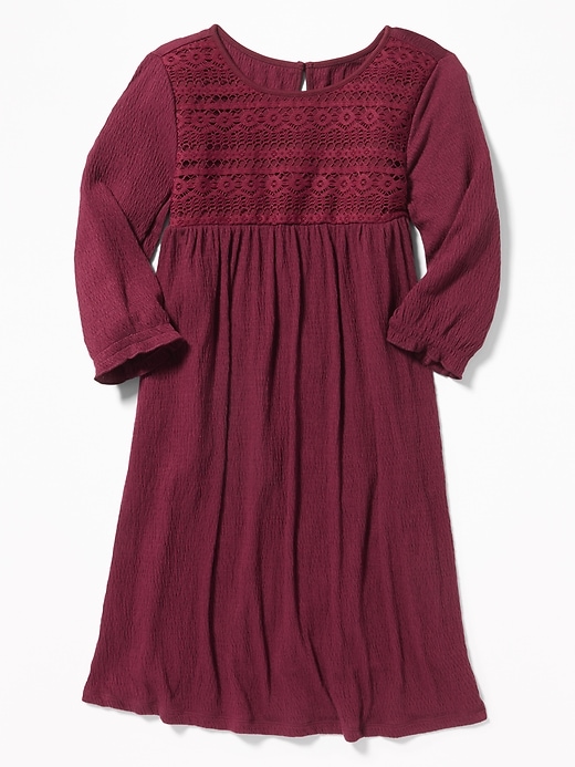 View large product image 1 of 3. Crinkle-Jersey Lace-Trim Swing Dress for Girls