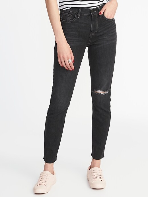 View large product image 1 of 3. Mid-Rise Distressed Raw-Hem Straight Ankle Jeans for Women